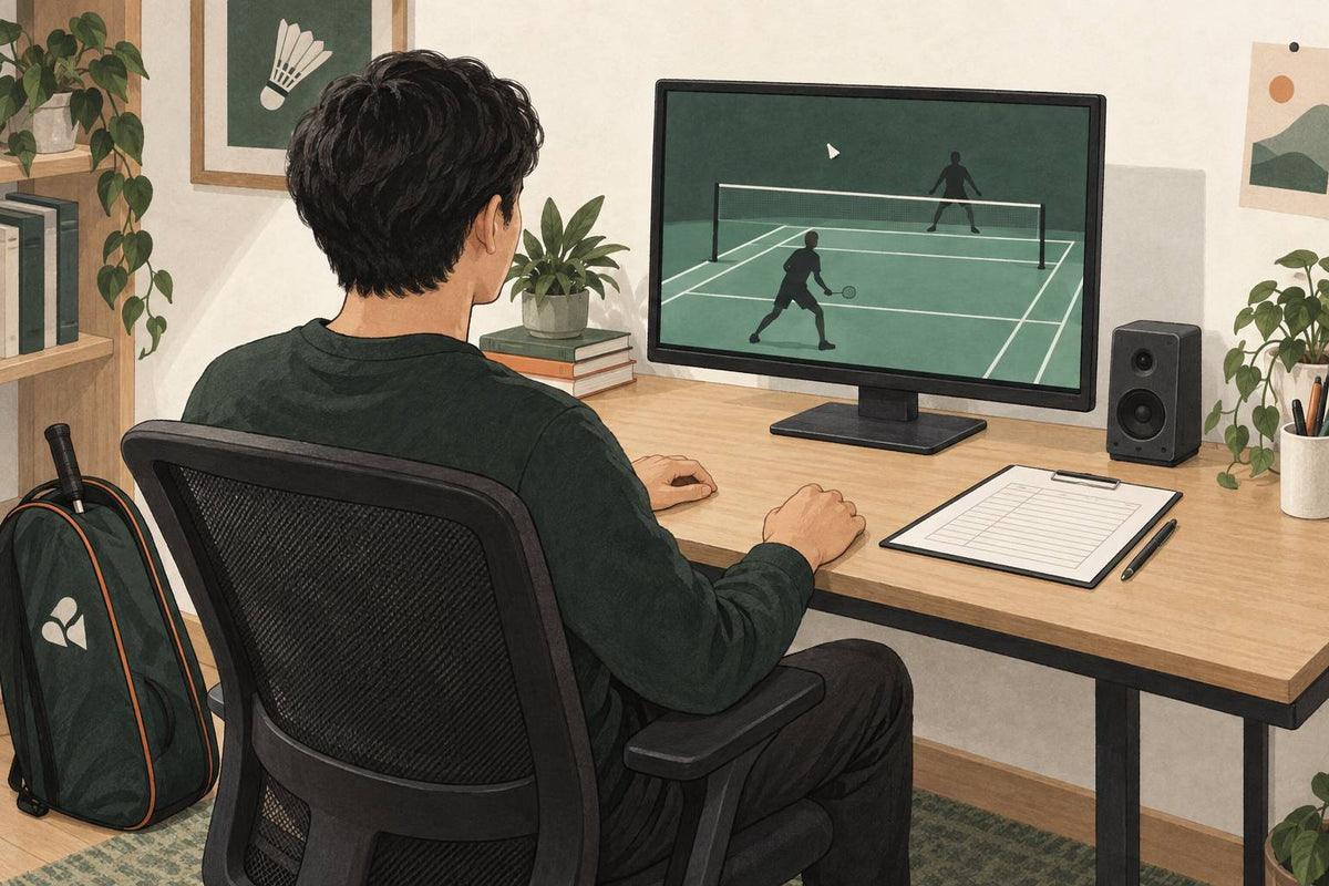 An adult viewing a schematic badminton clip on a monitor beside a speaker and blank note.