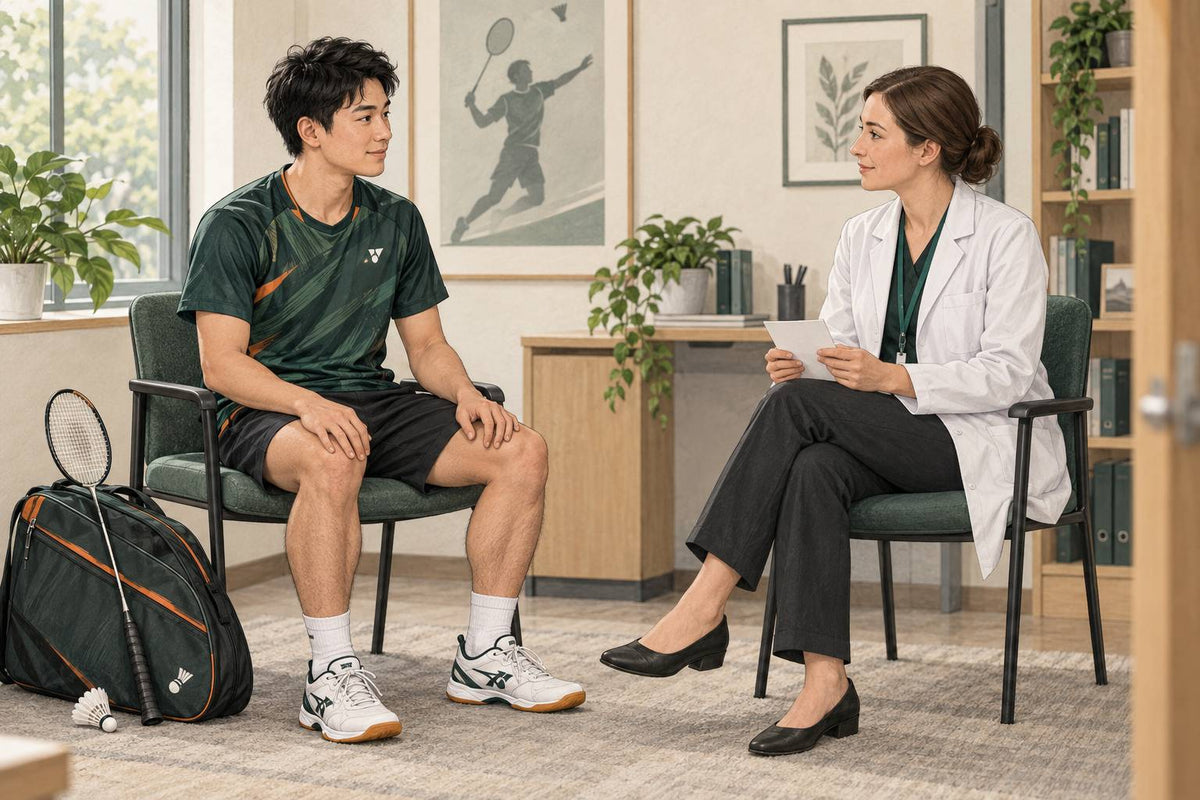 Scène illustrative de consultation avec un joueur de badminton, un clinicien et une fiche d’antécédents neutre.