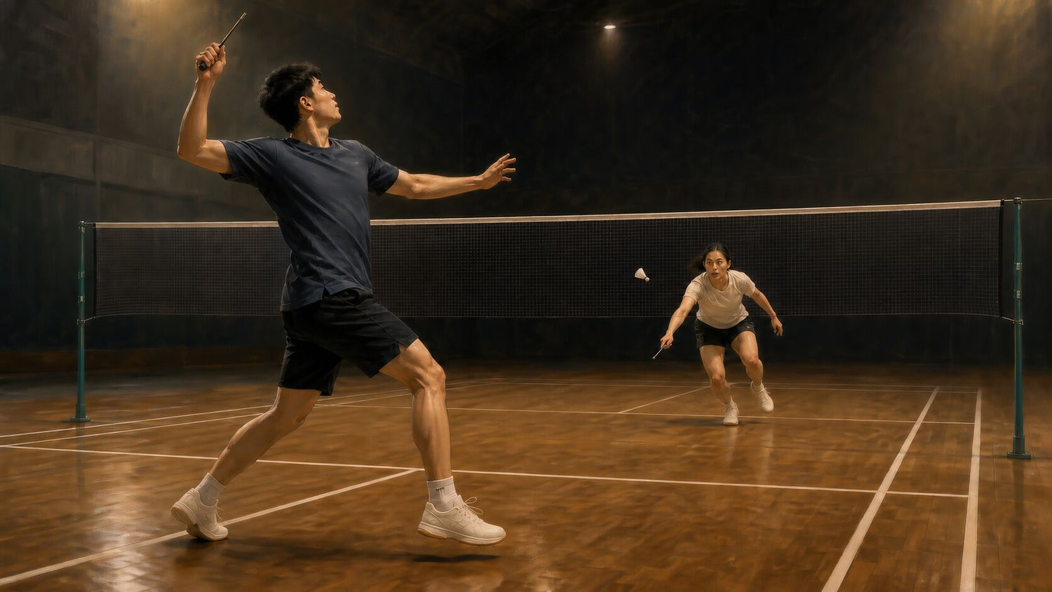 Une personne attaquante au badminton prépare une feinte au-dessus de la tête pendant que la personne en défense se déplace vers un volant qui tombe dans l’avant du terrain