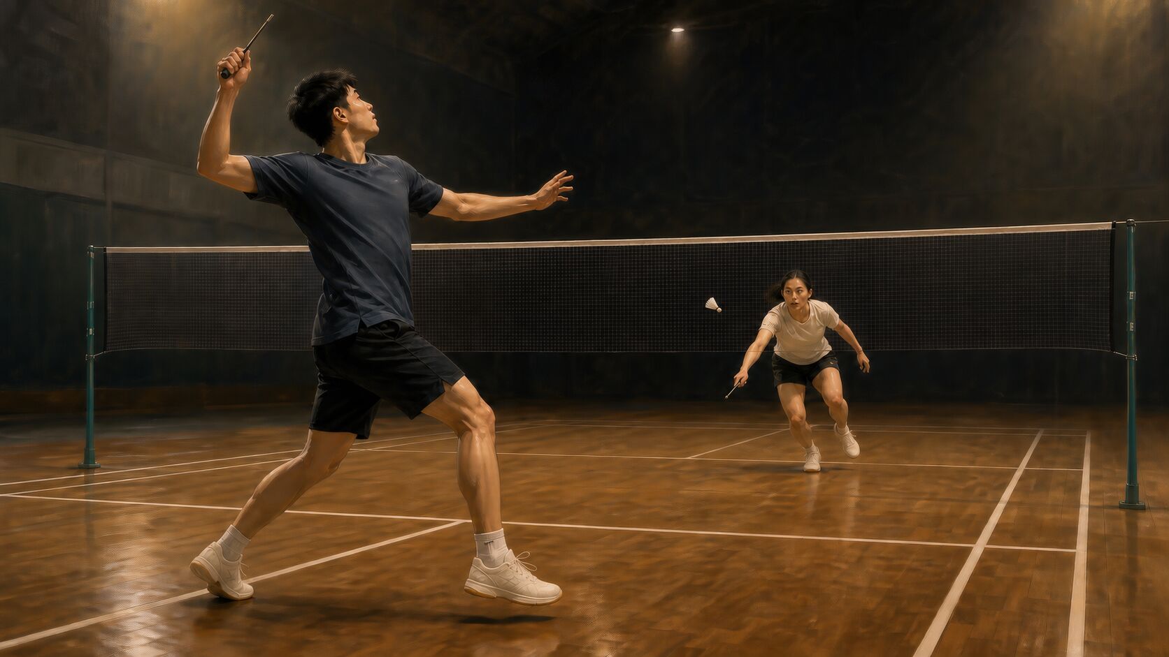 Une personne attaquante au badminton prépare une feinte au-dessus de la tête pendant que la personne en défense se déplace vers un volant qui tombe dans l’avant du terrain
