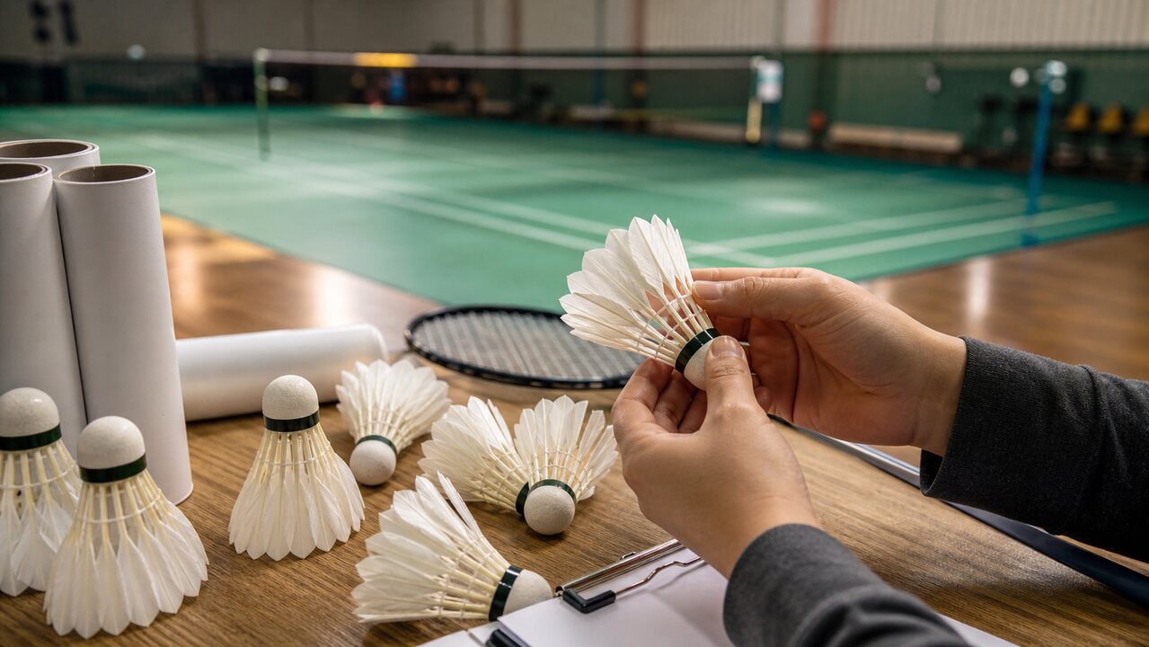 Club organizer inspecting feather shuttlecocks from unbranded tubes on an indoor badminton court.