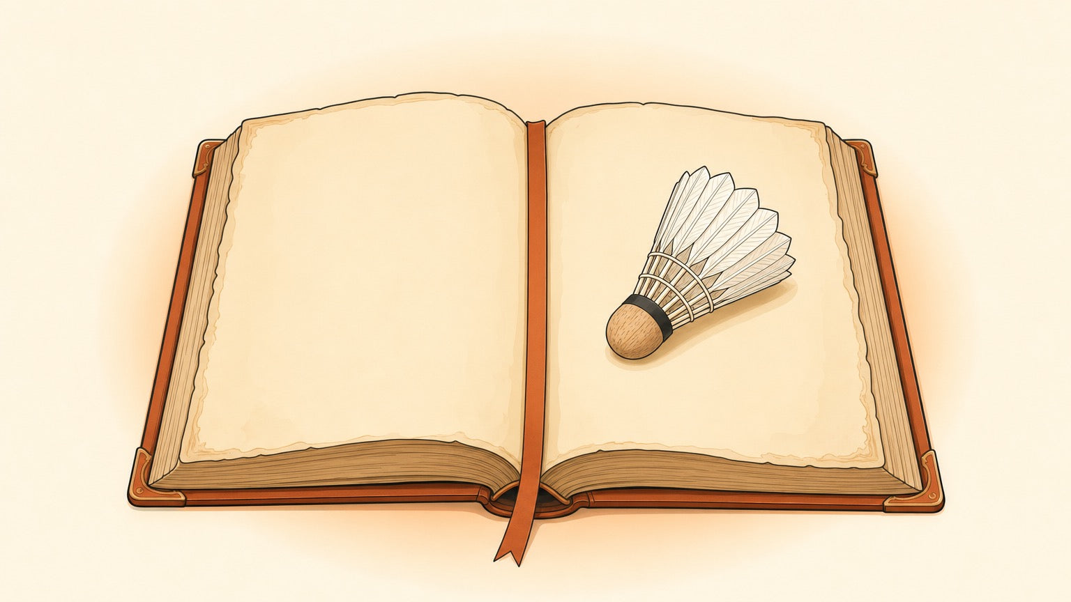 Flat vector illustration of an open antique rulebook with blank pages and a feathered shuttlecock resting on it