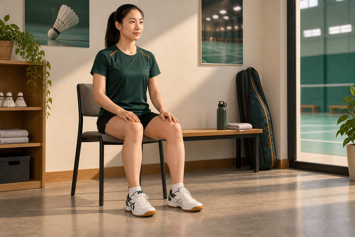 A seated player in secure shoes prepares a stable starting position for the article’s small foot-control task.