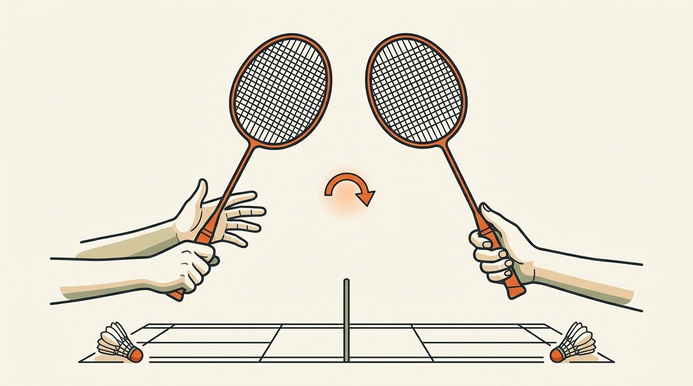 Illustration of a badminton player rotating the racket handle in a relaxed grip near the net