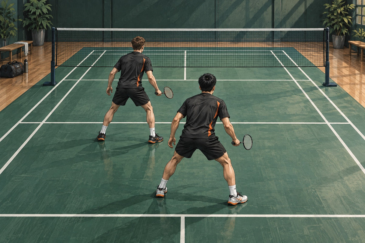 Editorial illustration of two badminton partners in a front-and-back formation.