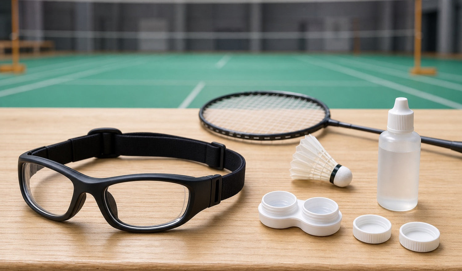 Lunettes de sport enveloppantes avec sangle, à côté d’un étui à lentilles cornéennes ouvert, d’une raquette de badminton et d’un volant en plumes sur un banc au bord du terrain.