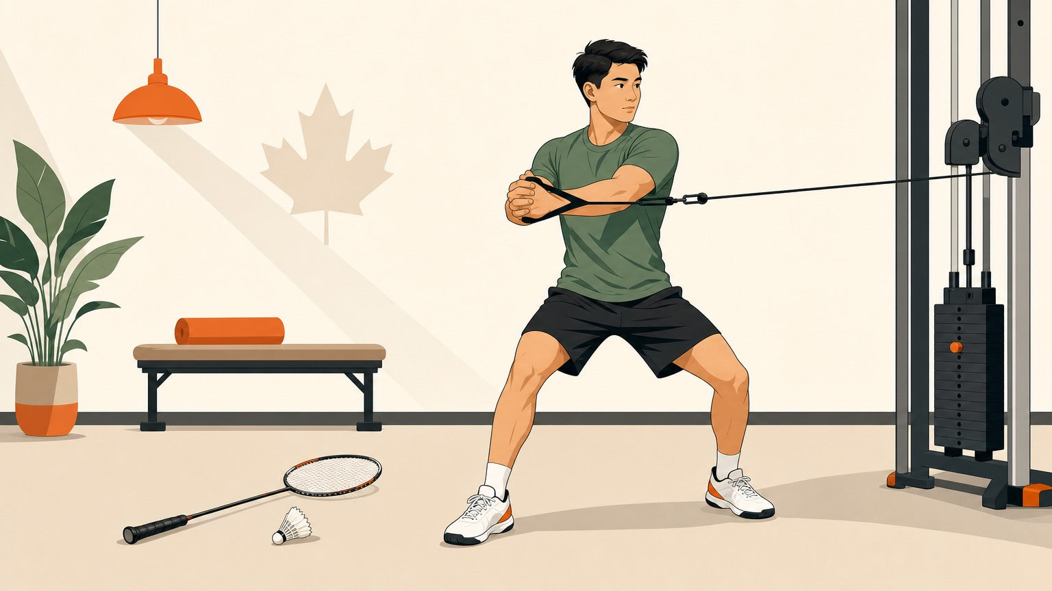 Badminton player doing a cable Pallof press for core and rotational strength in a gym