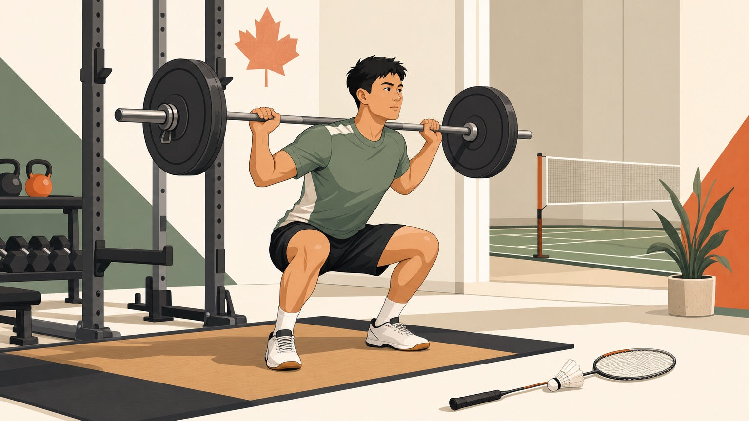 Badminton player doing a barbell back squat in a gym with a badminton racket and shuttlecock nearby