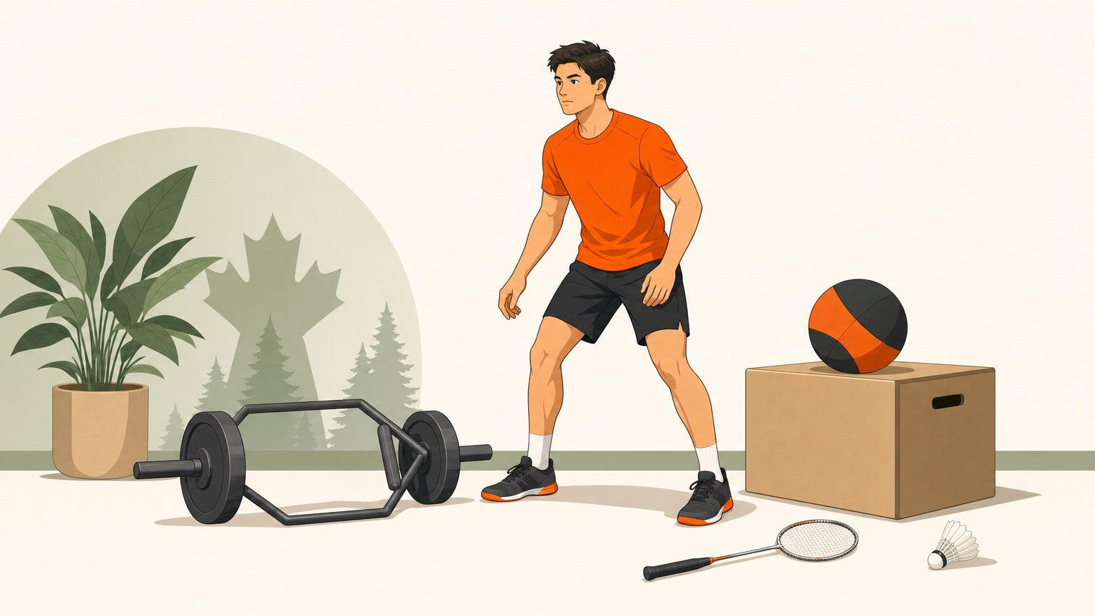 Badminton athlete in a gym with trap bar, plyo box, and medicine ball for loaded power training