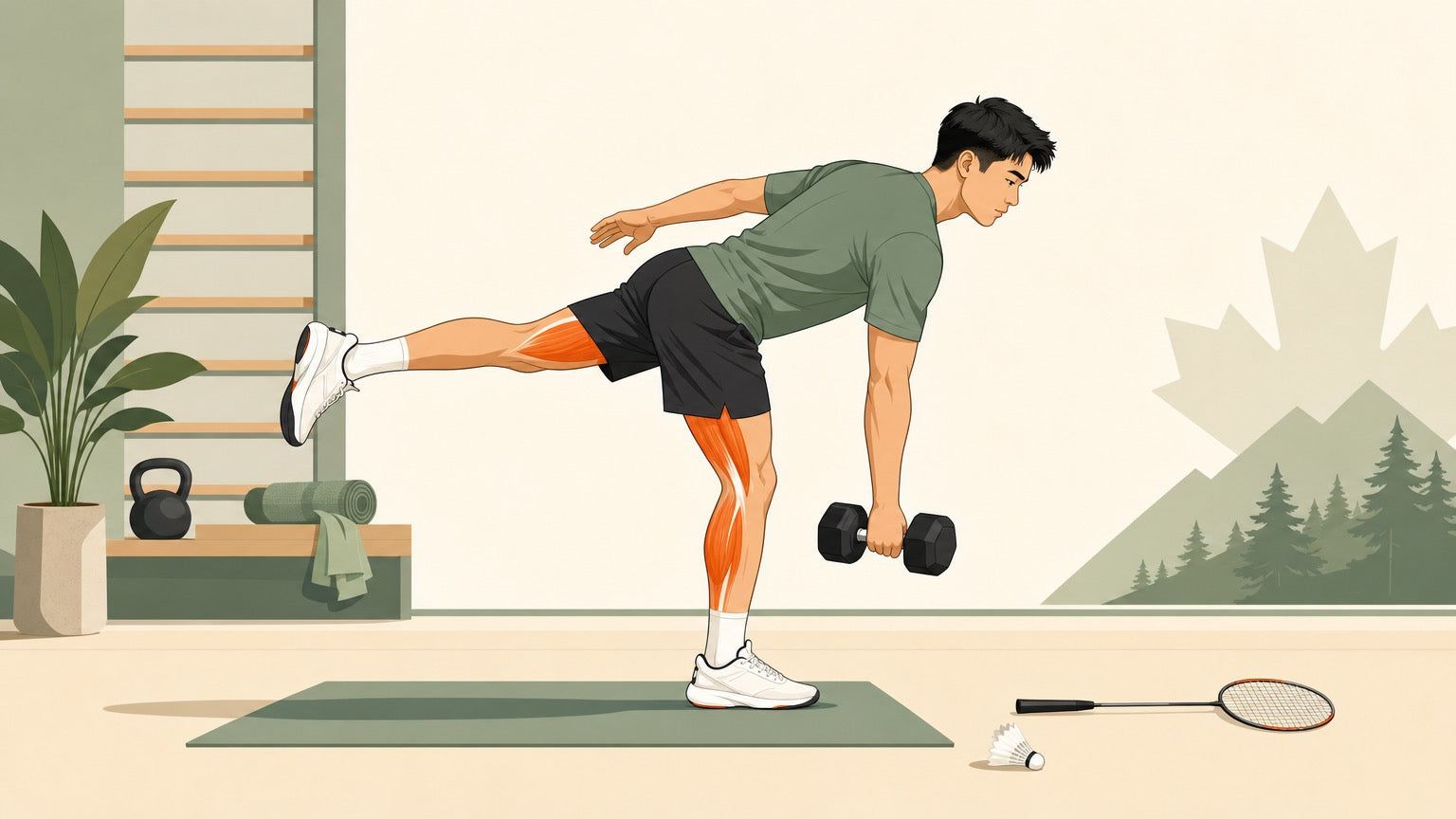 Badminton player doing a loaded single-leg Romanian deadlift as gym prehab training