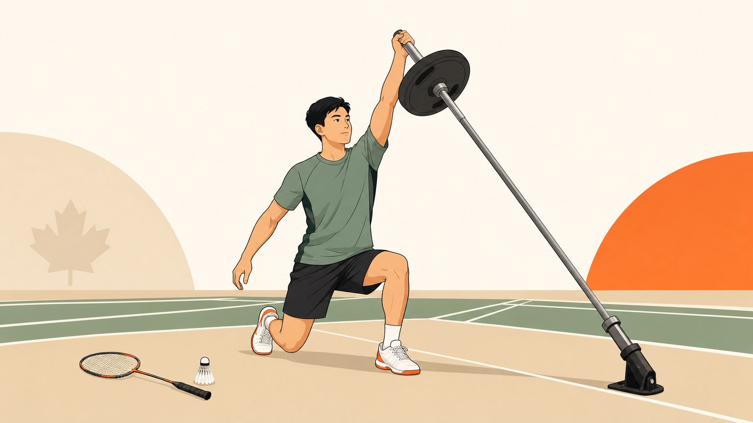 Flat vector banner of a badminton player doing a landmine press for upper-body strength training