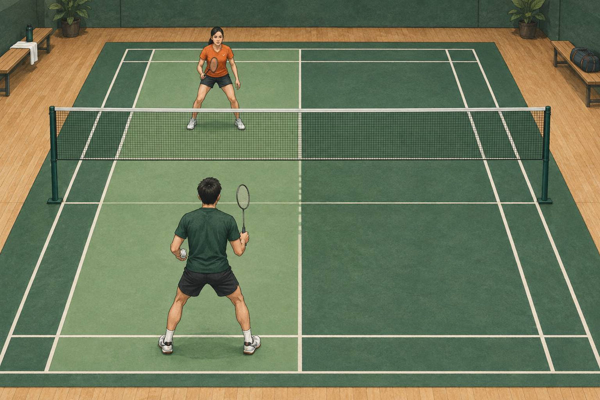 Editorial illustration of two badminton partners facing across the net within one active drive channel.