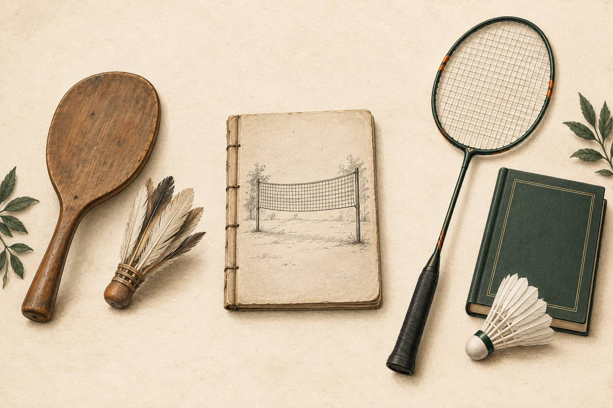 Illustration historique conceptuelle montrant une palette générique de type battledore, un carnet et de l’équipement de badminton moderne.