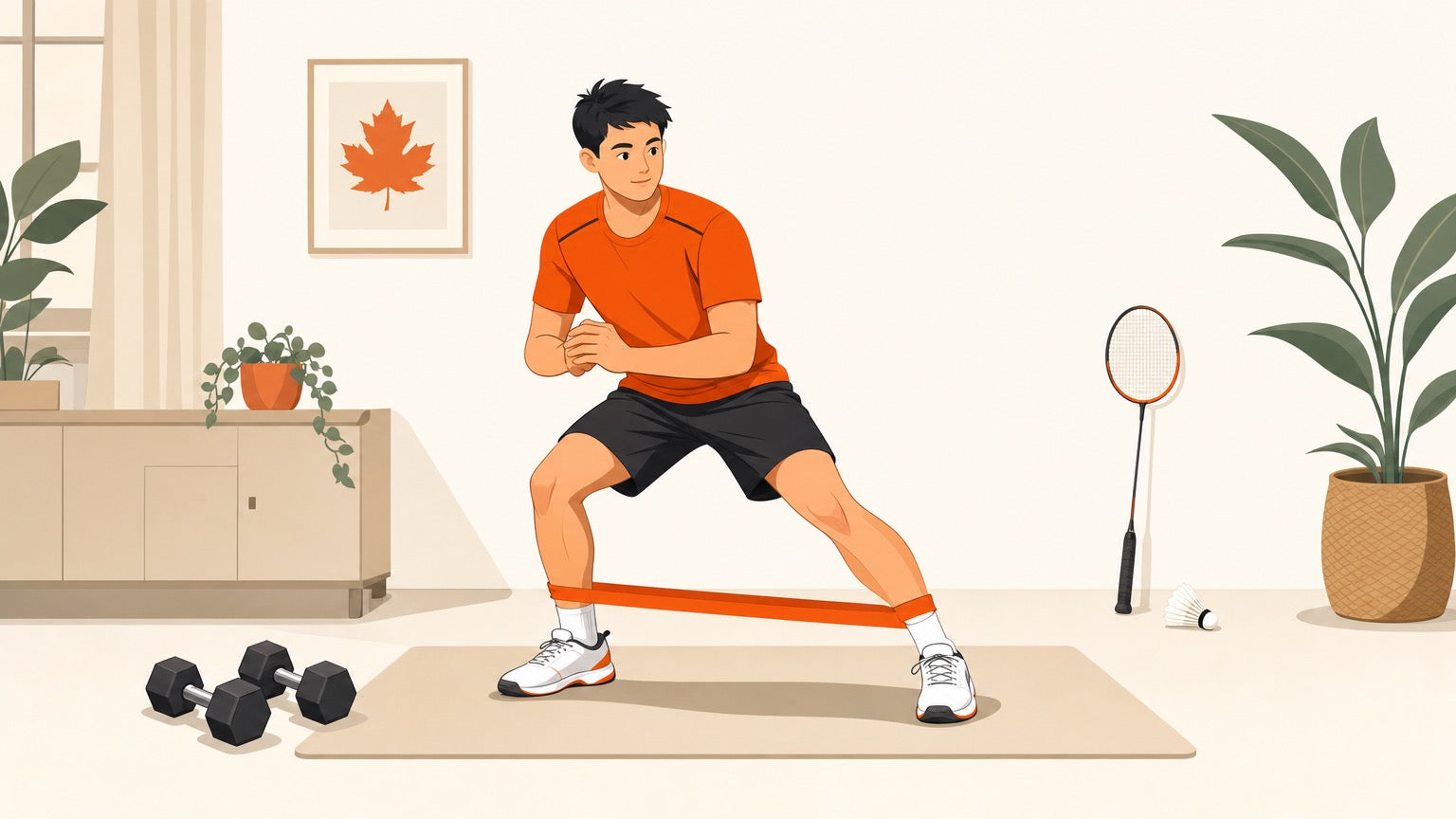 Badminton player doing a resistance-band lateral walk at home with dumbbells, a badminton racket, and a shuttlecock nearby