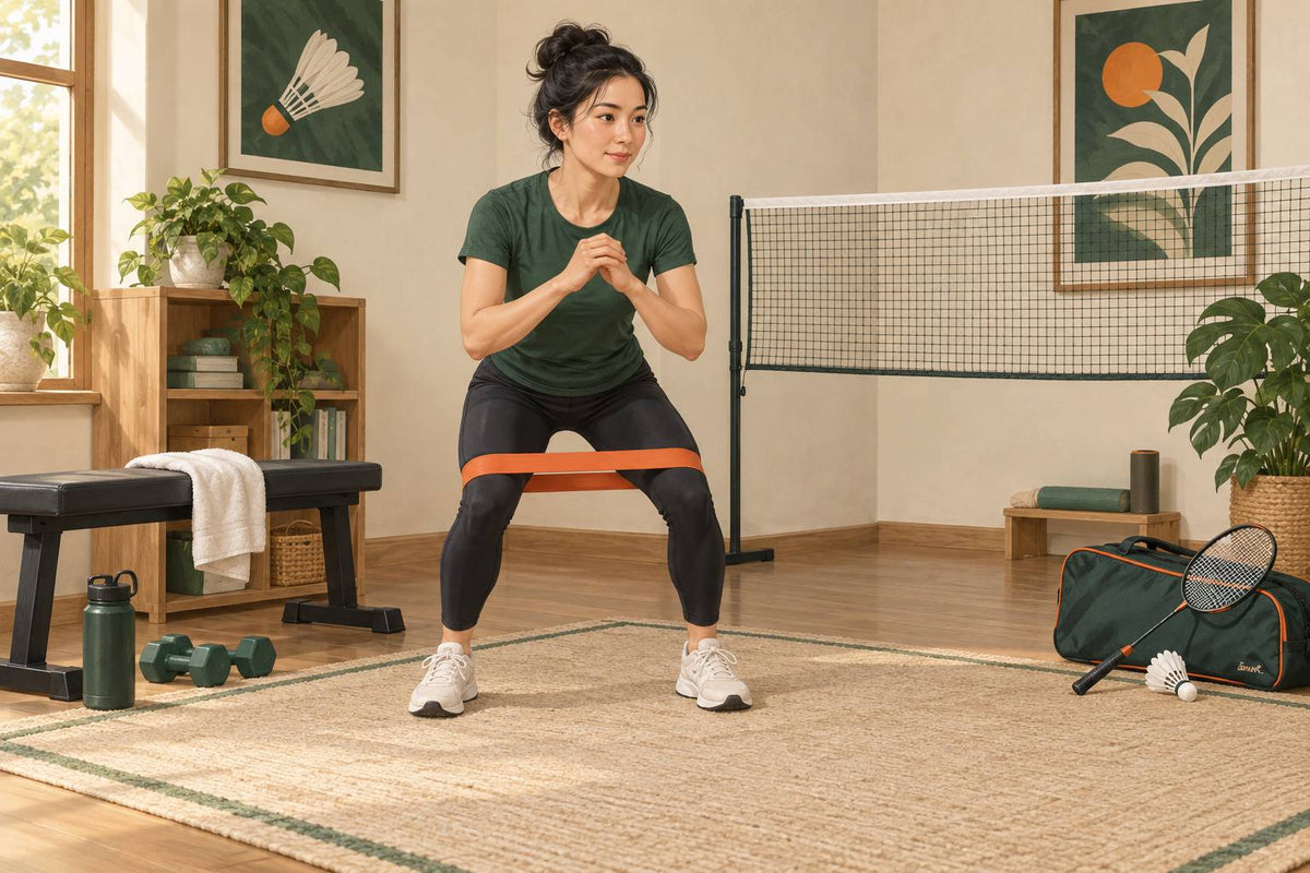 Bands and dumbbells support a compact home session for badminton strength and control.