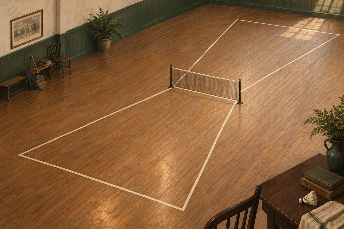 An interpretive historical court shows a modest waist where the net is narrower than the end lines.