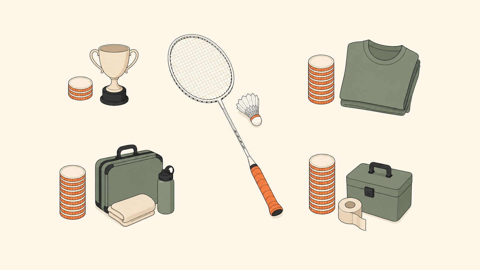 Flat-lay illustration of a badminton racket and shuttlecock surrounded by one small coin stack with a trophy and three larger coin stacks paired with a plain jersey, travel case and medical kit.