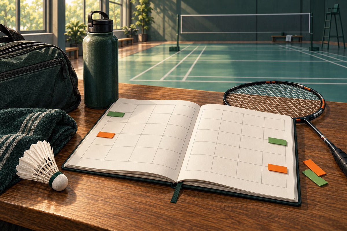 Editorial illustration of a badminton season calendar and travel equipment.