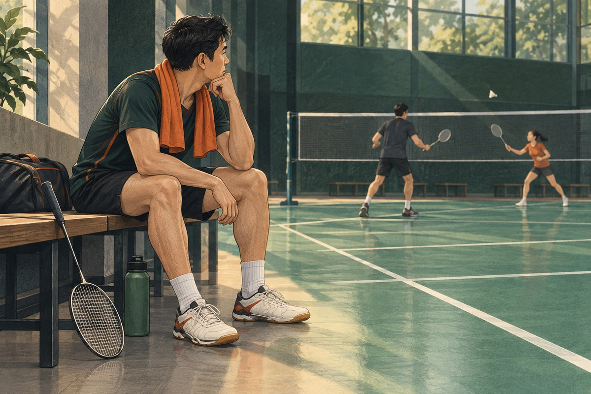 Editorial illustration of an adult badminton player resting beside a court with a racket and water bottle.