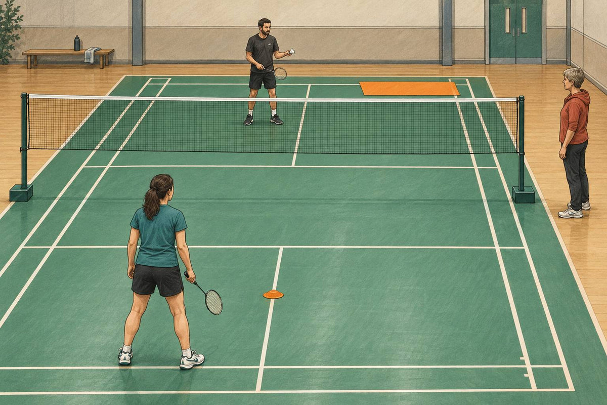 Editorial illustration of a three-person badminton drill with distinct learner, feeder and observer roles.