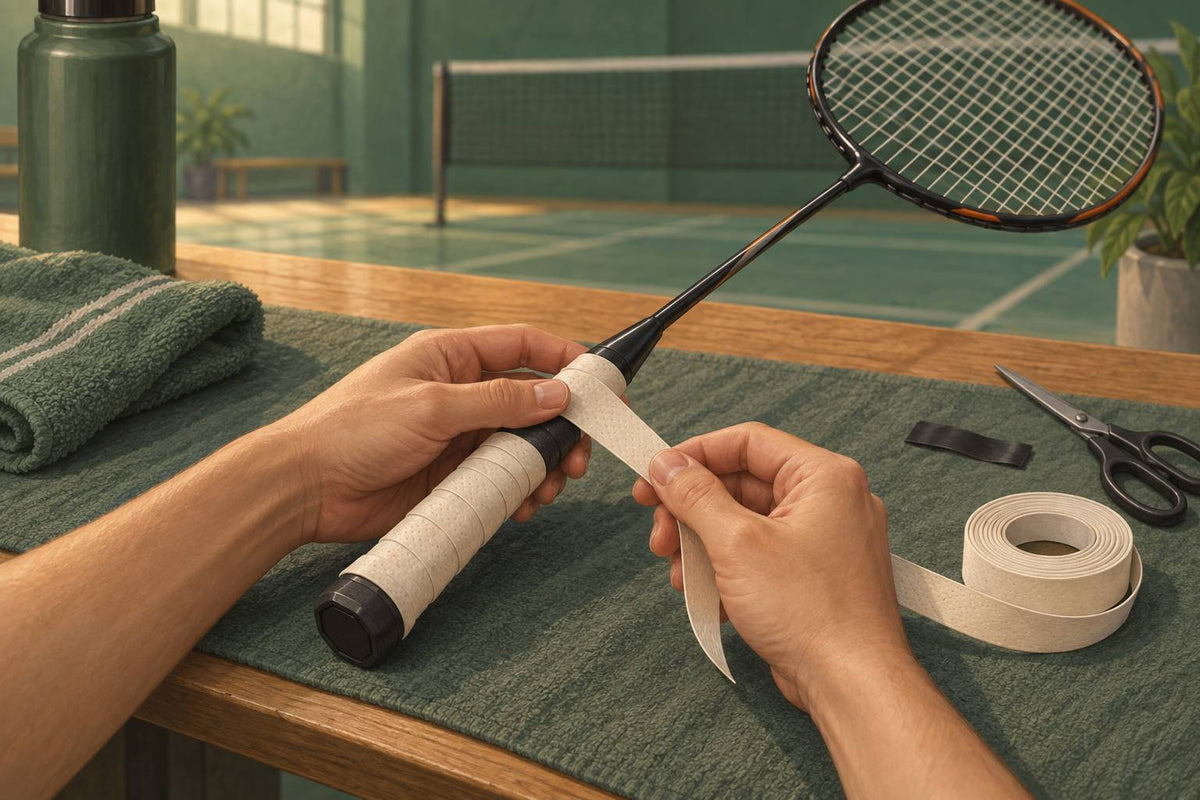 An even spiral of overgrip covers the handle from the butt cap toward the cone.
