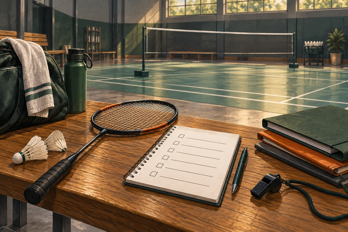A course checklist and badminton equipment represent the steps toward a coaching role.