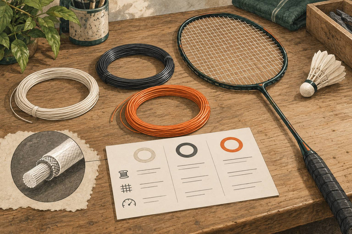 Editorial still life of badminton strings beside a generic racket.