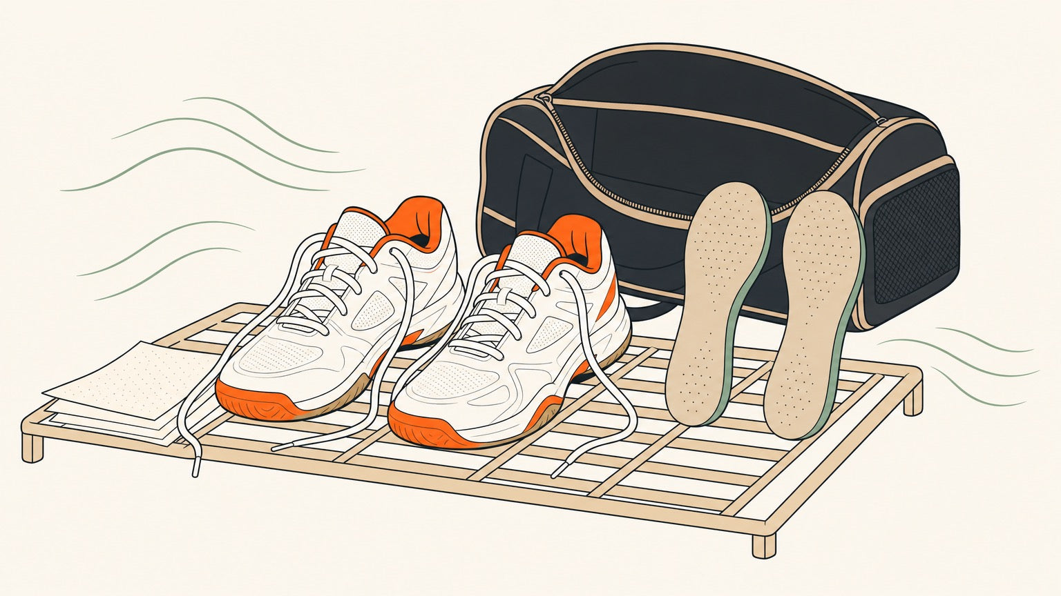 Badminton shoes with loose laces and removed insoles drying beside an open sports bag