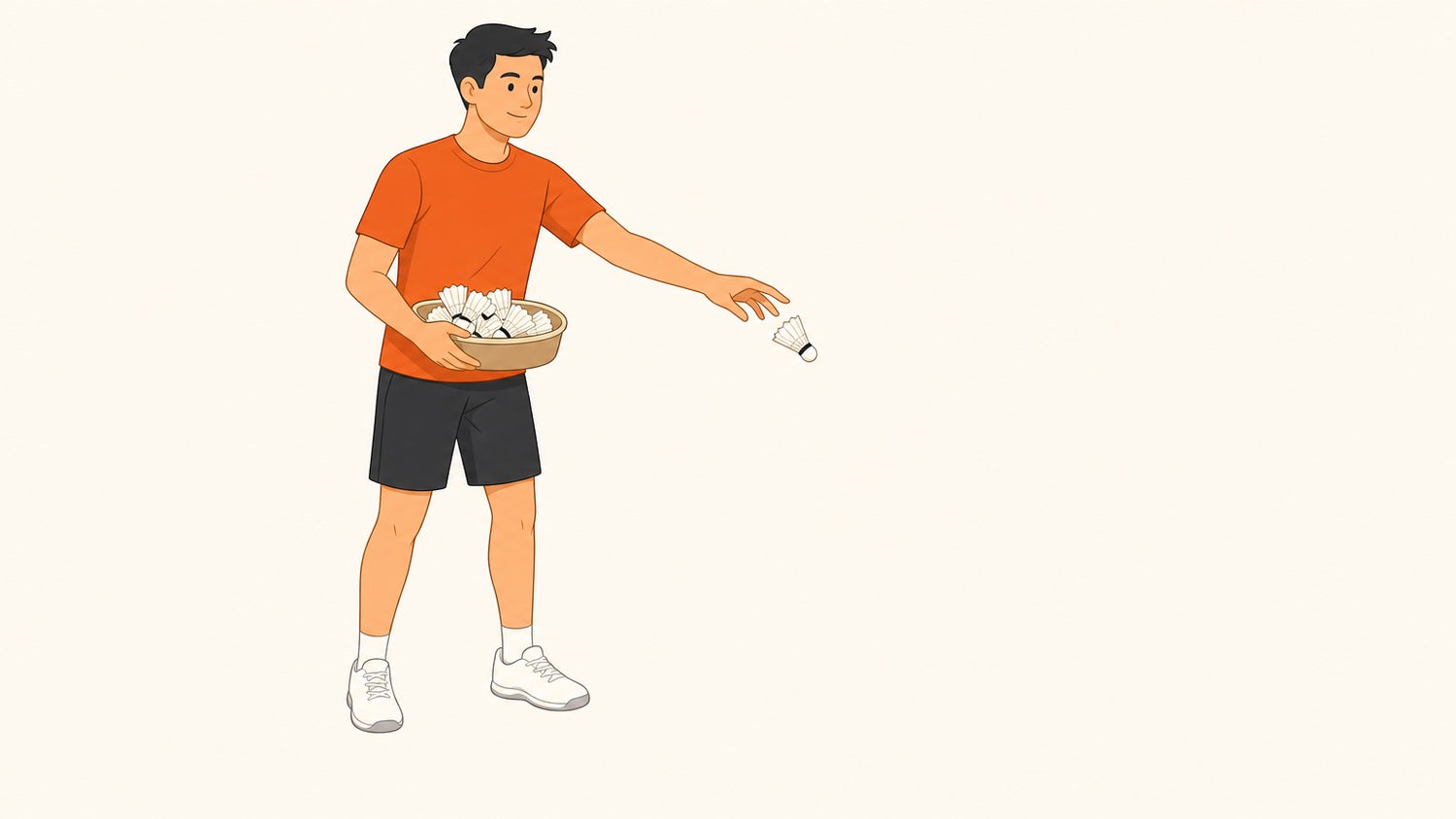 Flat vector illustration of a coach holding a basket of shuttlecocks and releasing one by hand to feed a badminton drill.