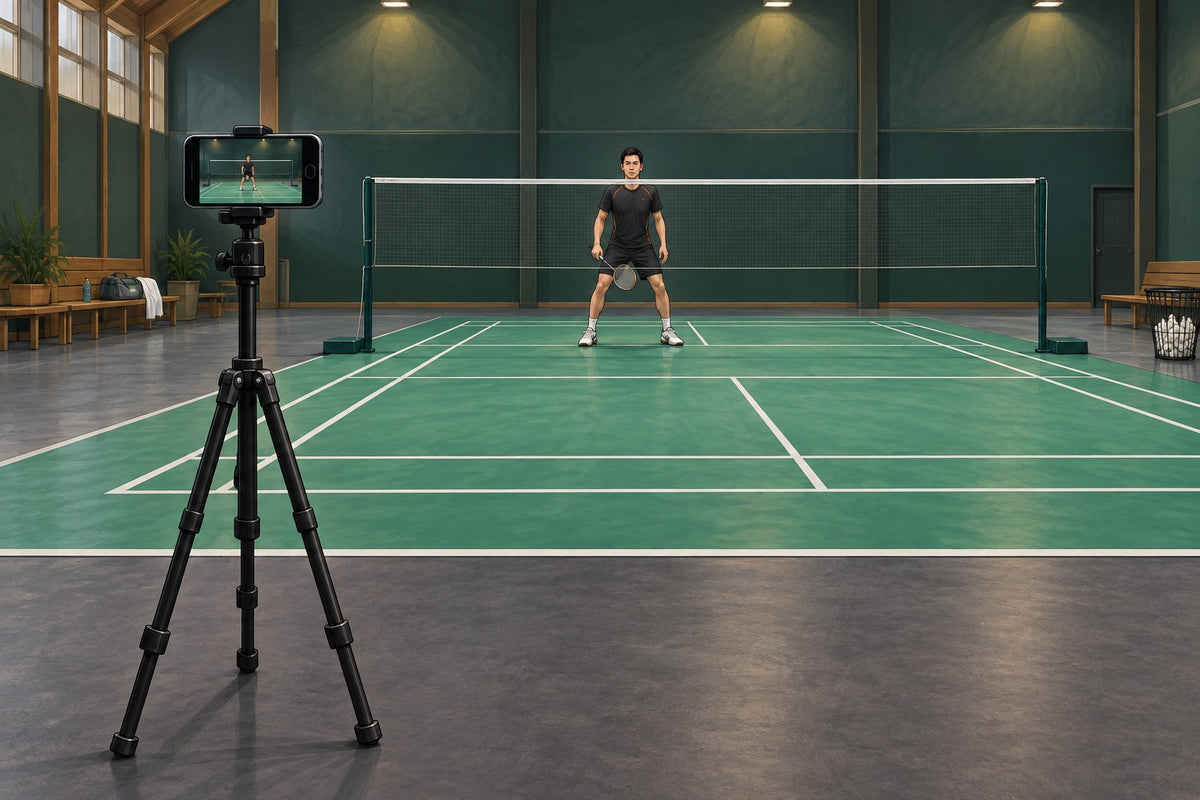 Editorial illustration of a safely positioned phone tripod recording a badminton player.