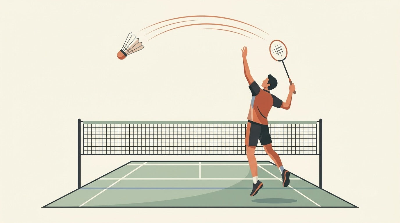 Illustration of a badminton player hitting a high overhead clear from the rear court toward the back line