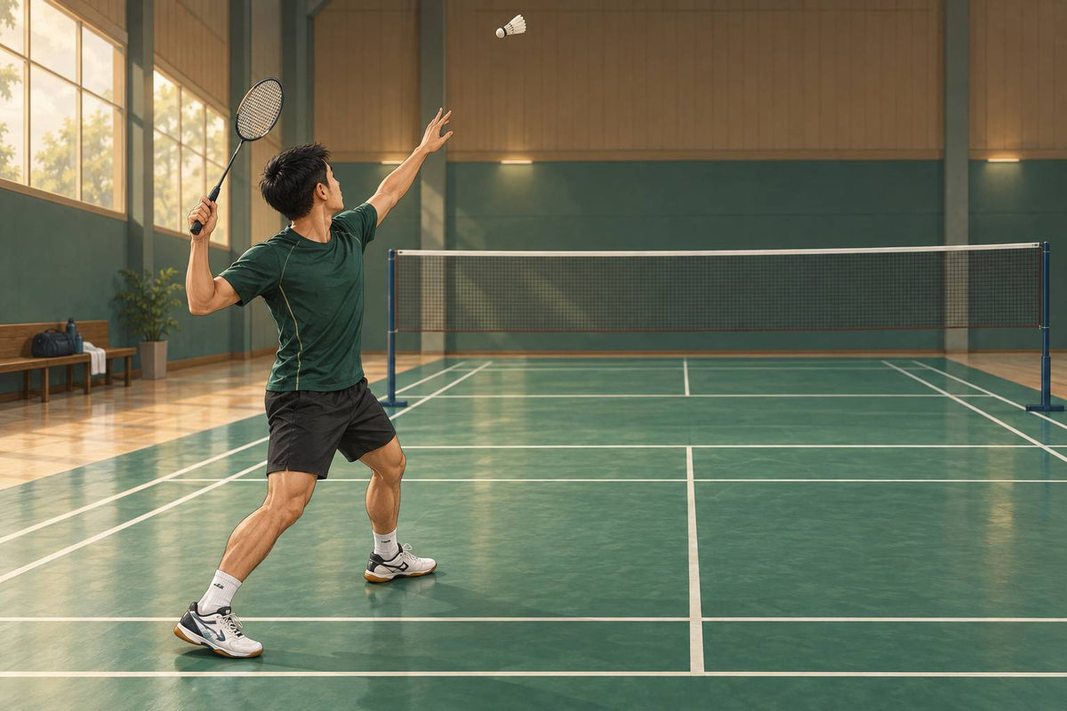 An overhead clear begins with a side-on setup and early racket preparation behind a comfortably high contact point.