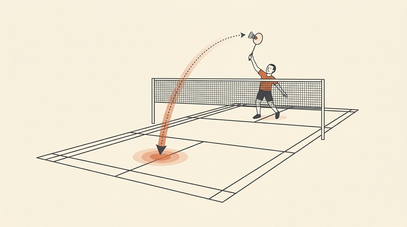 Illustration of a badminton player disguising a rear-court drop shot as the opponent lunges forward near the net