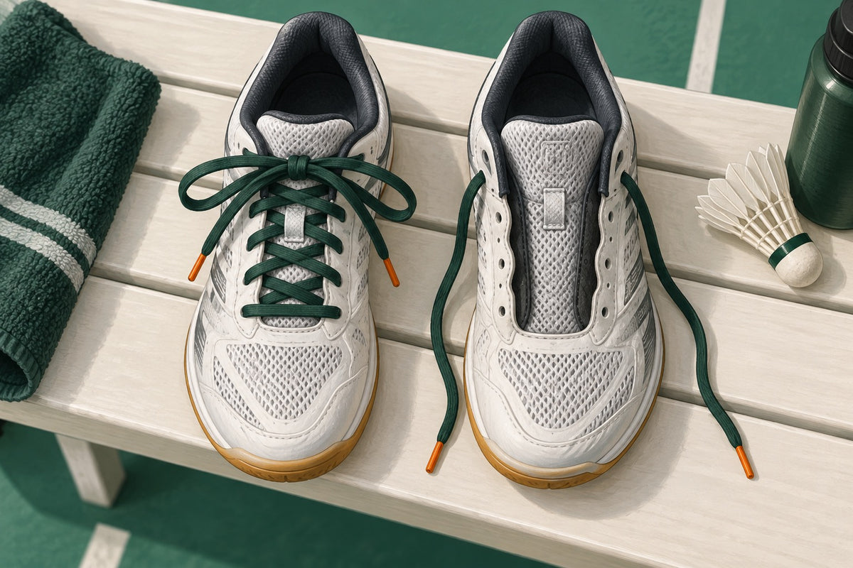 Editorial illustration of tied and loosened badminton shoe laces.