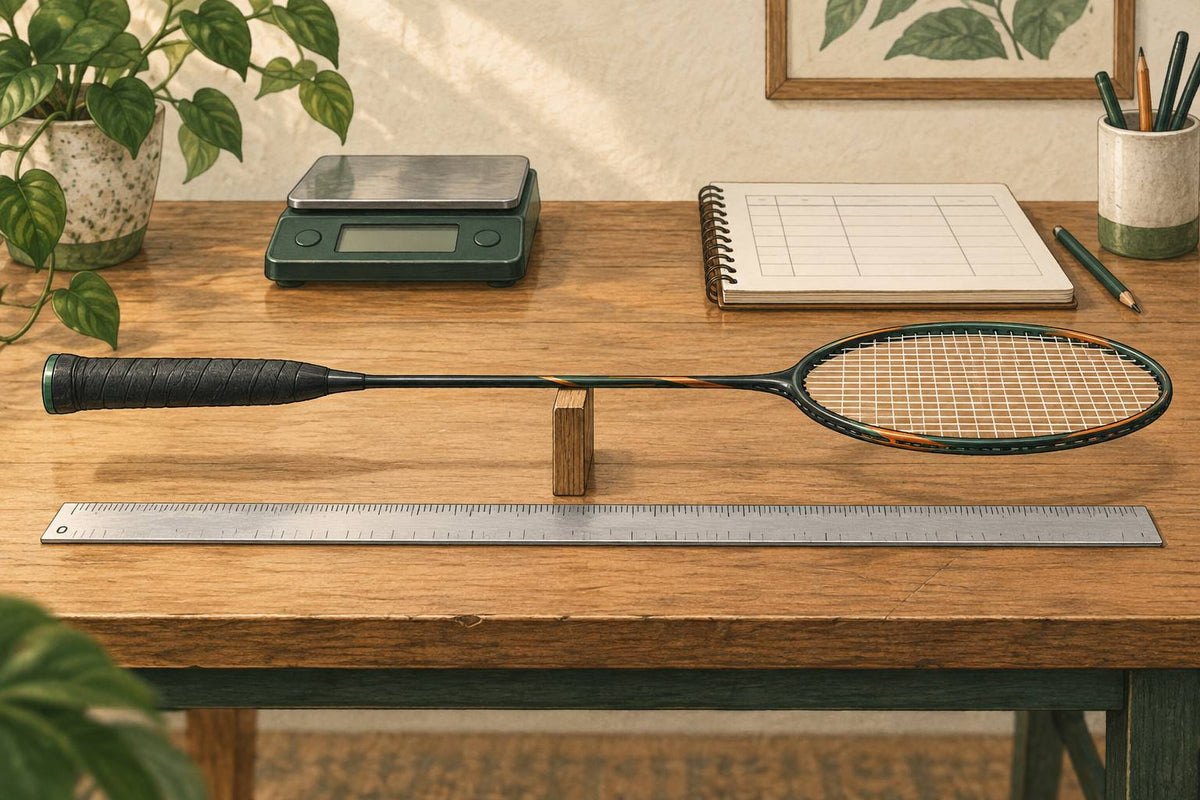 Editorial illustration of a badminton racket balanced on a narrow pivot beside a ruler, scale and setup log.