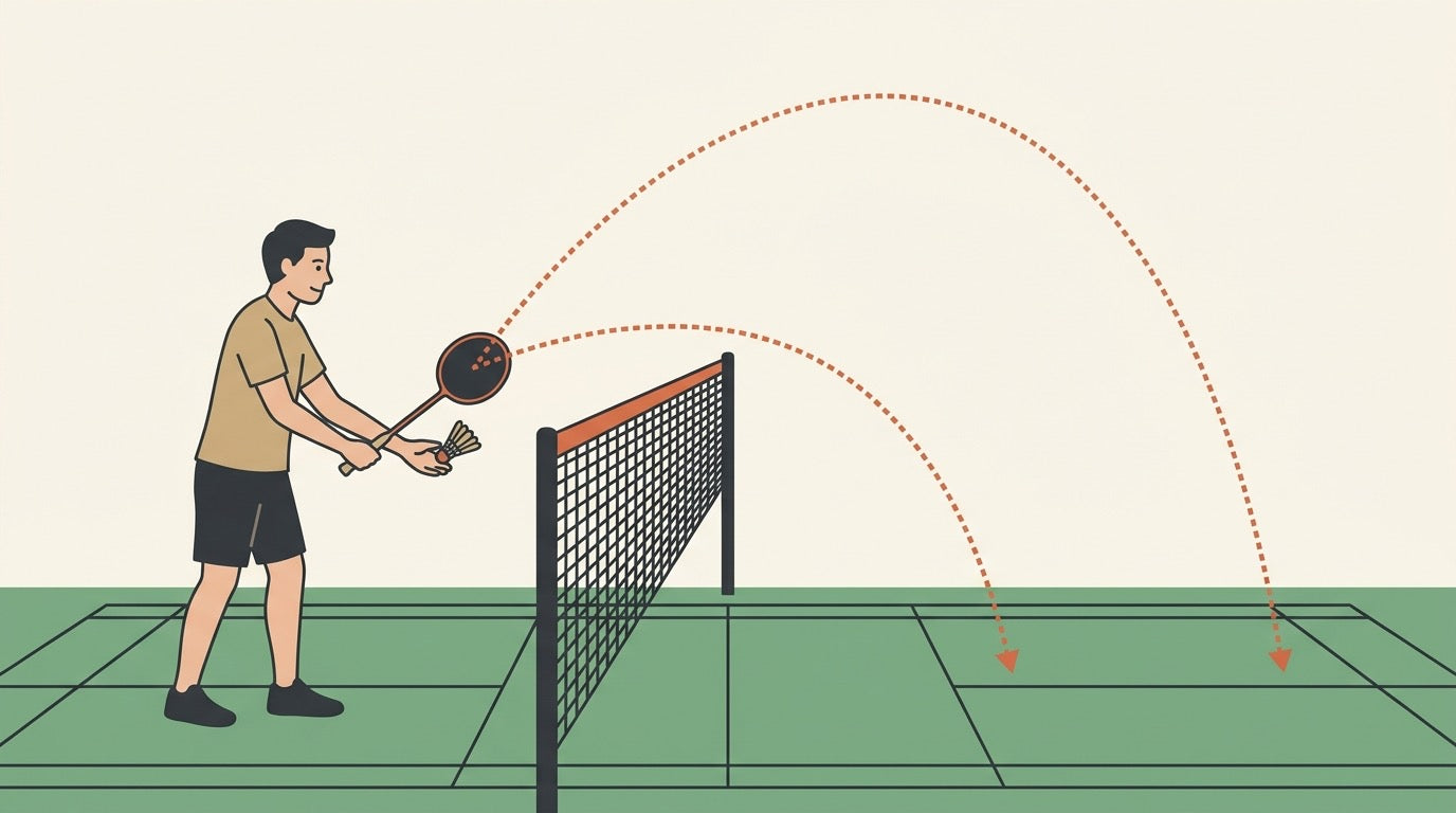 Illustration of badminton players demonstrating low and high serve technique on an indoor court