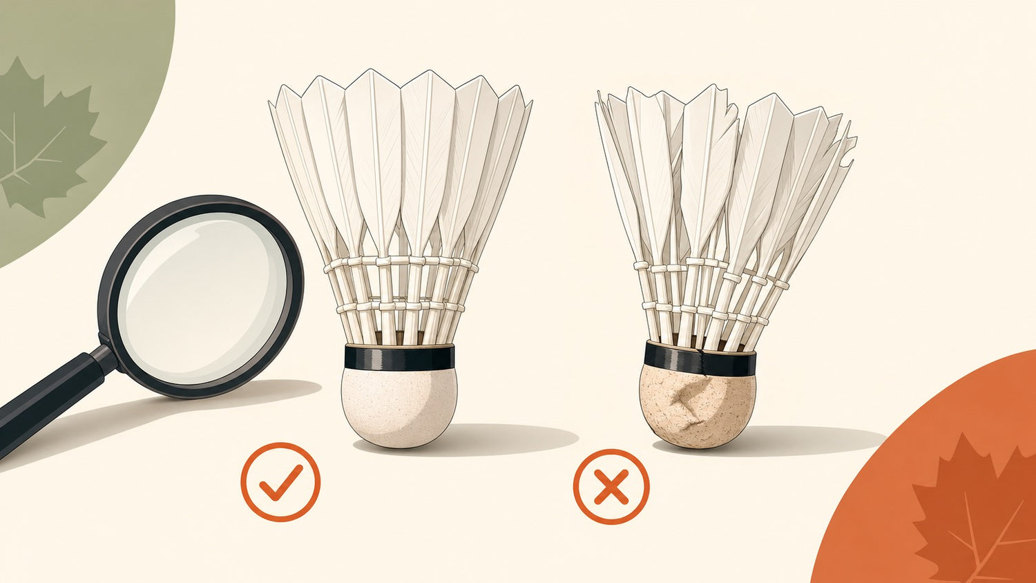 Flat vector illustration of a genuine-looking feather shuttlecock beside a suspect shuttlecock with uneven feathers and dented cork.