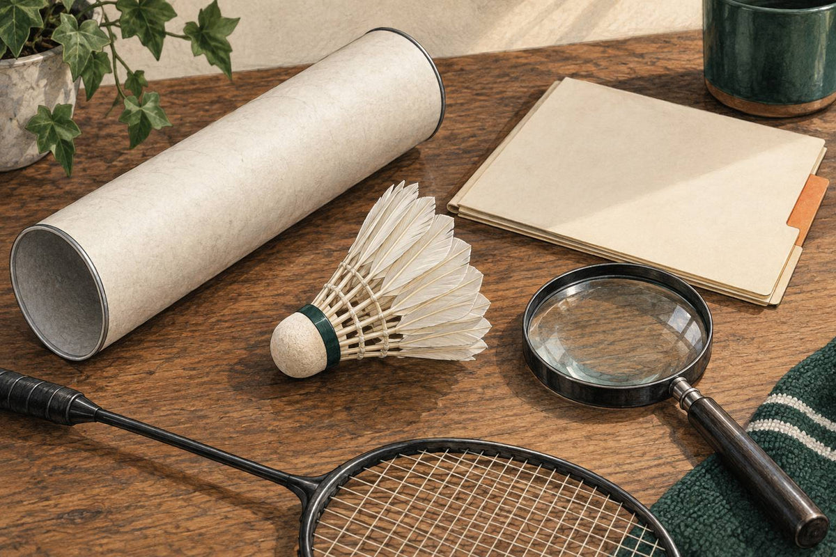 Editorial still life of a generic shuttle tube, feather shuttle and provenance documents.