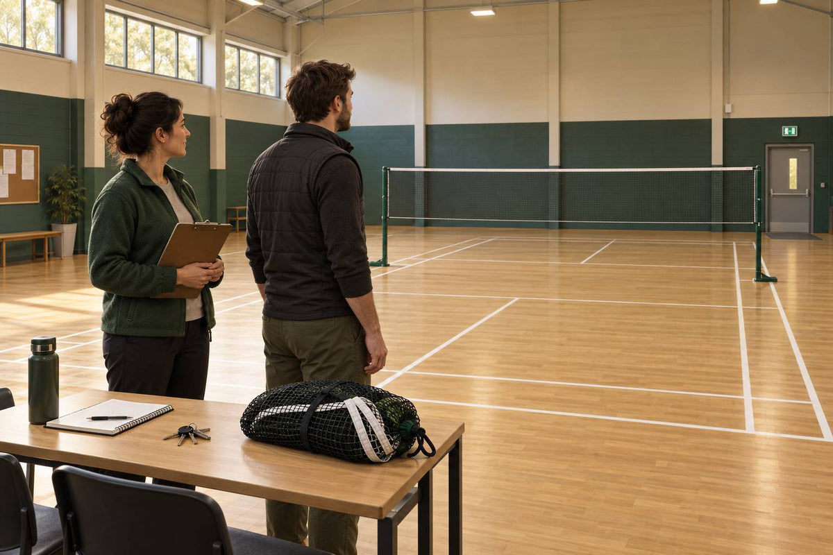 Club organizers inspect the venue and record the practical details needed for a recurring session.