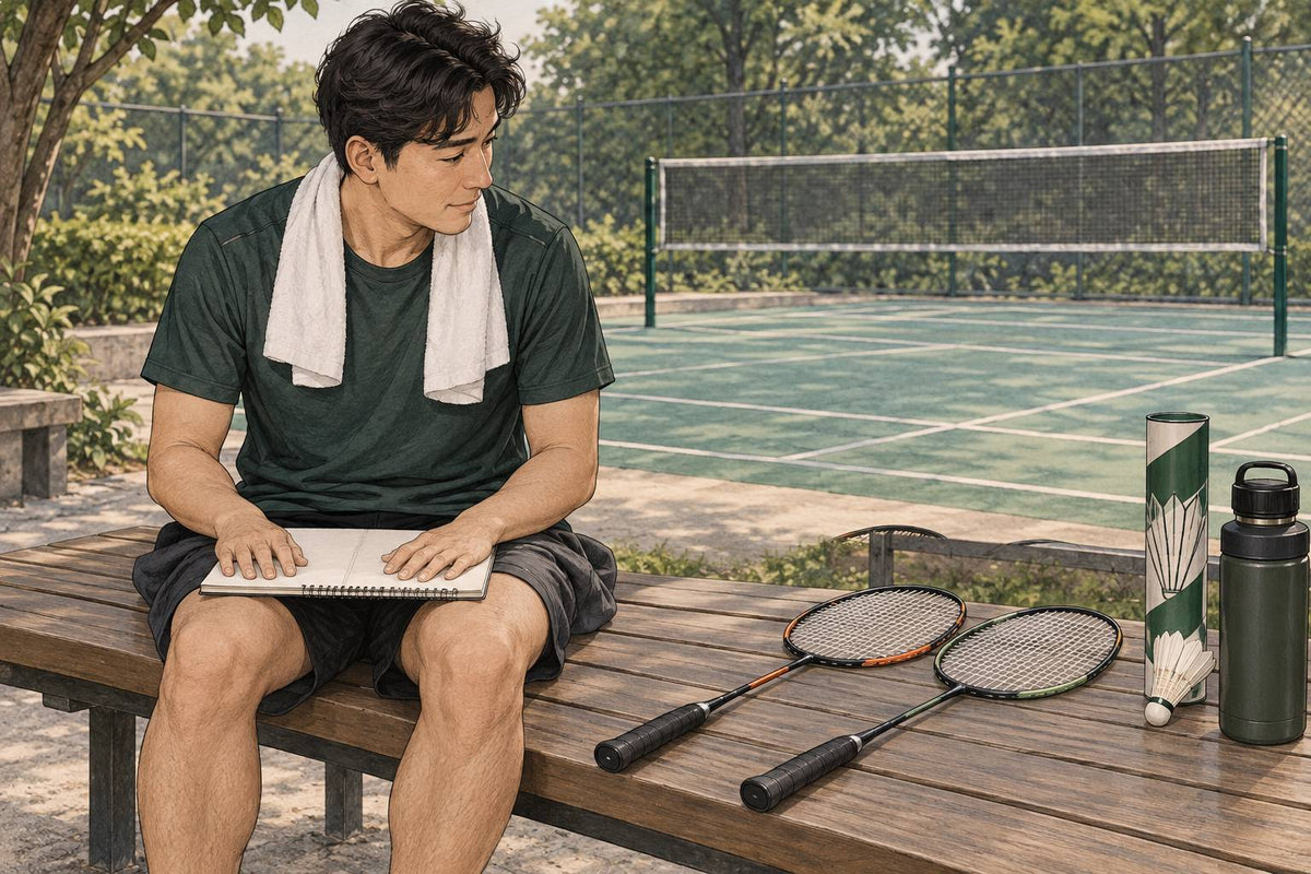 Editorial illustration of one seated player comparing two unbranded badminton rackets beside a blank testing log.