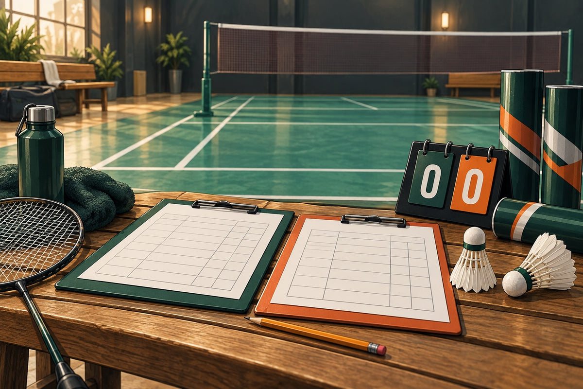 Team clipboards, shuttle tubes and a scoreboard represent the practical preparation for an interclub fixture.