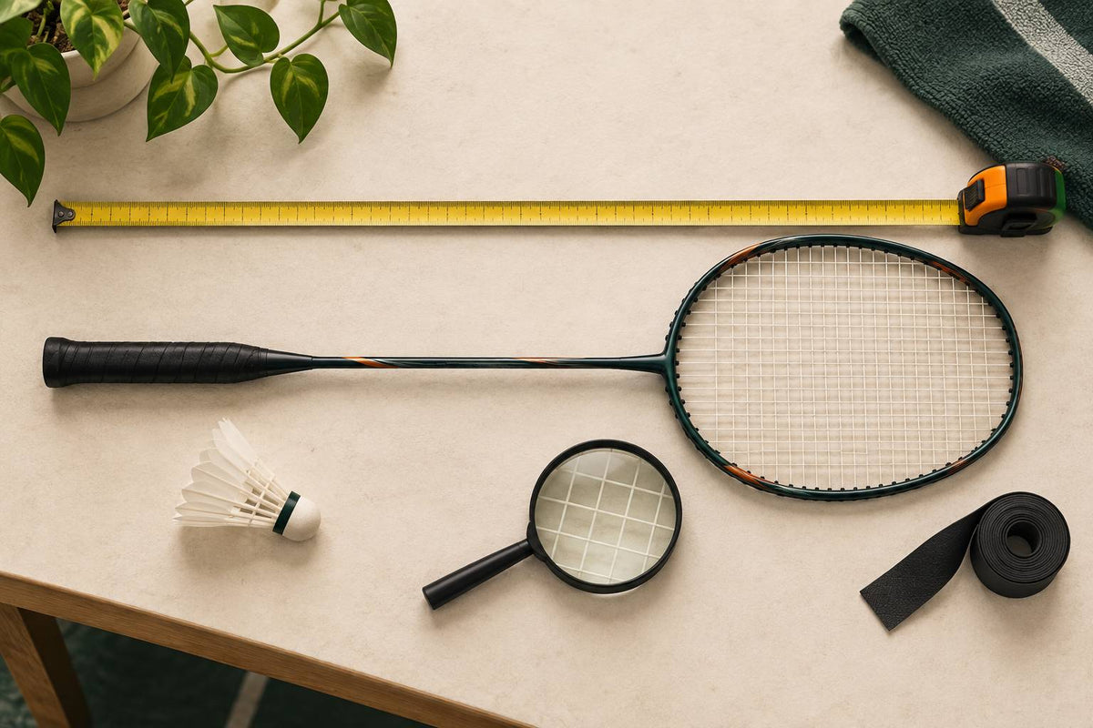 A tape measure and an intact racket place dimensions at the centre of an equipment-compliance check.