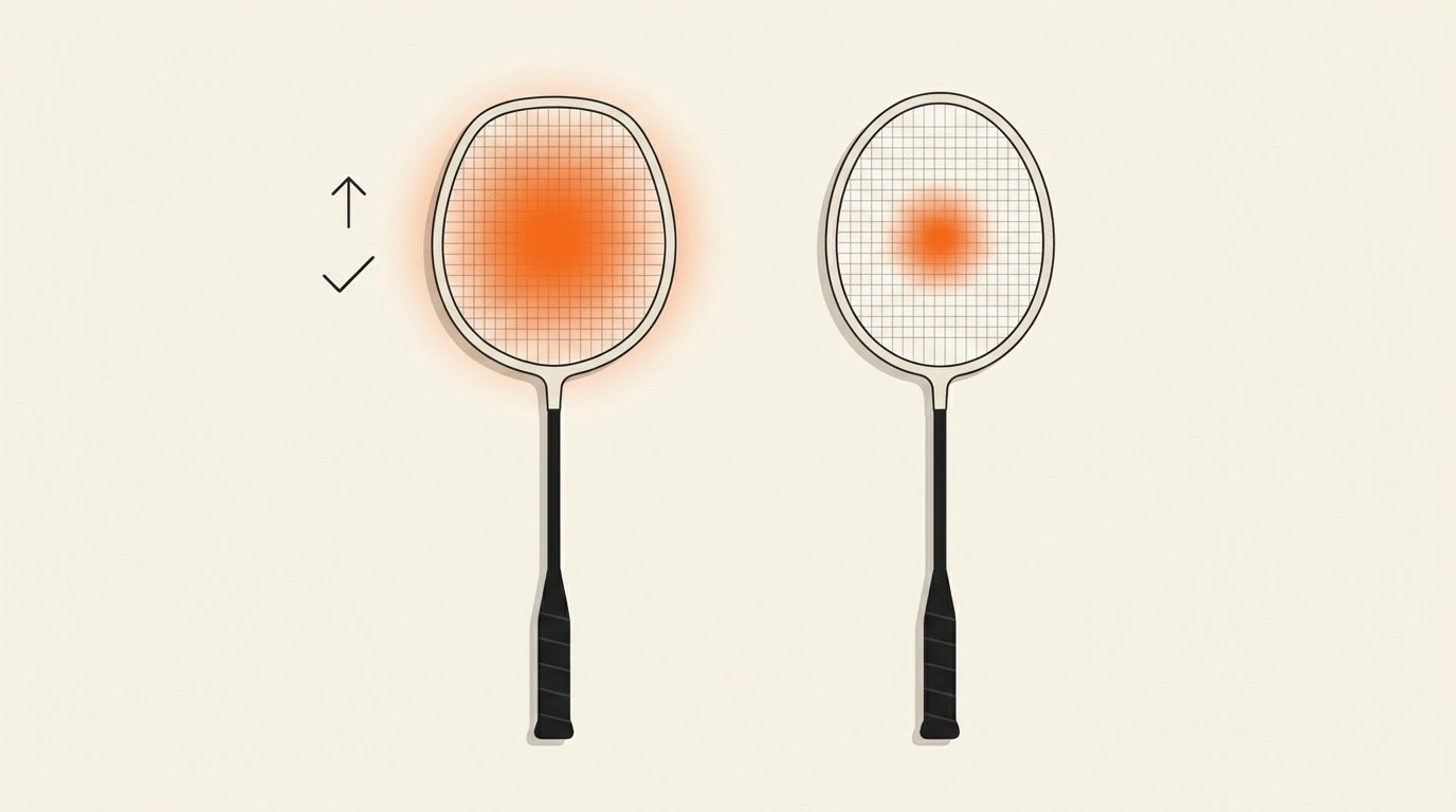 Illustration comparing an oval badminton racket head with a smaller sweet spot and an isometric head with a larger sweet spot