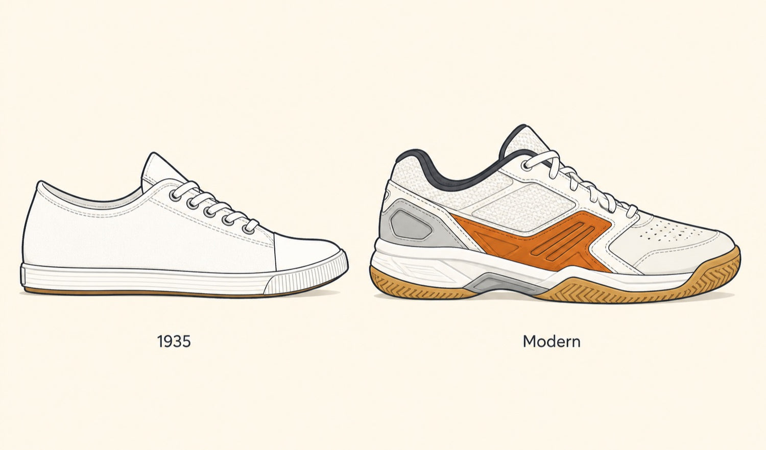 Illustration côte à côte comparant une chaussure de sport basse en toile plate de 1935 à une chaussure de badminton moderne, rembourrée et structurée.