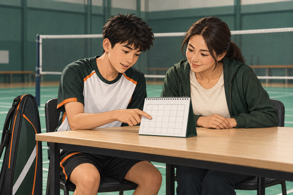 Editorial illustration of a junior badminton player and parent reviewing a calendar beside their racket bag.