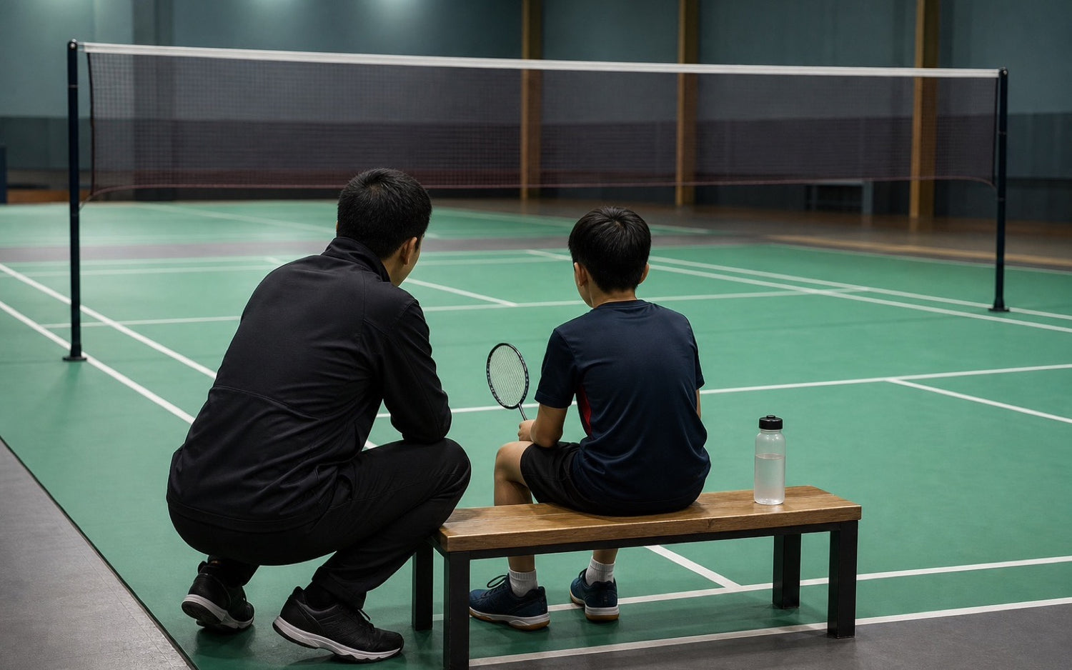Un entraîneur est accroupi à côté d’une jeune joueuse de badminton sur un banc près du terrain pendant une pause entre les manches dans une salle intérieure.