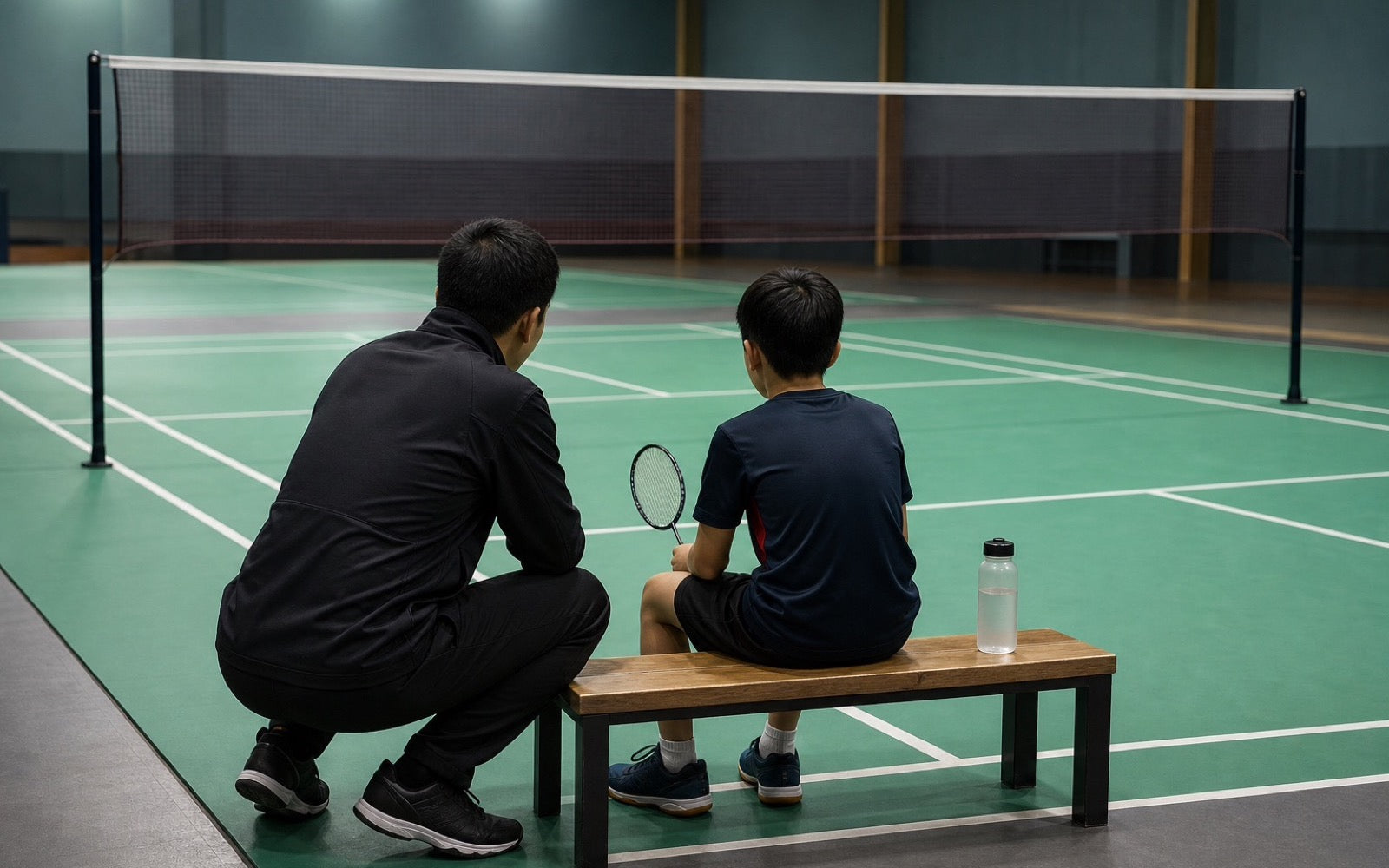 Un entraîneur est accroupi à côté d’une jeune joueuse de badminton sur un banc près du terrain pendant une pause entre les manches dans une salle intérieure.
