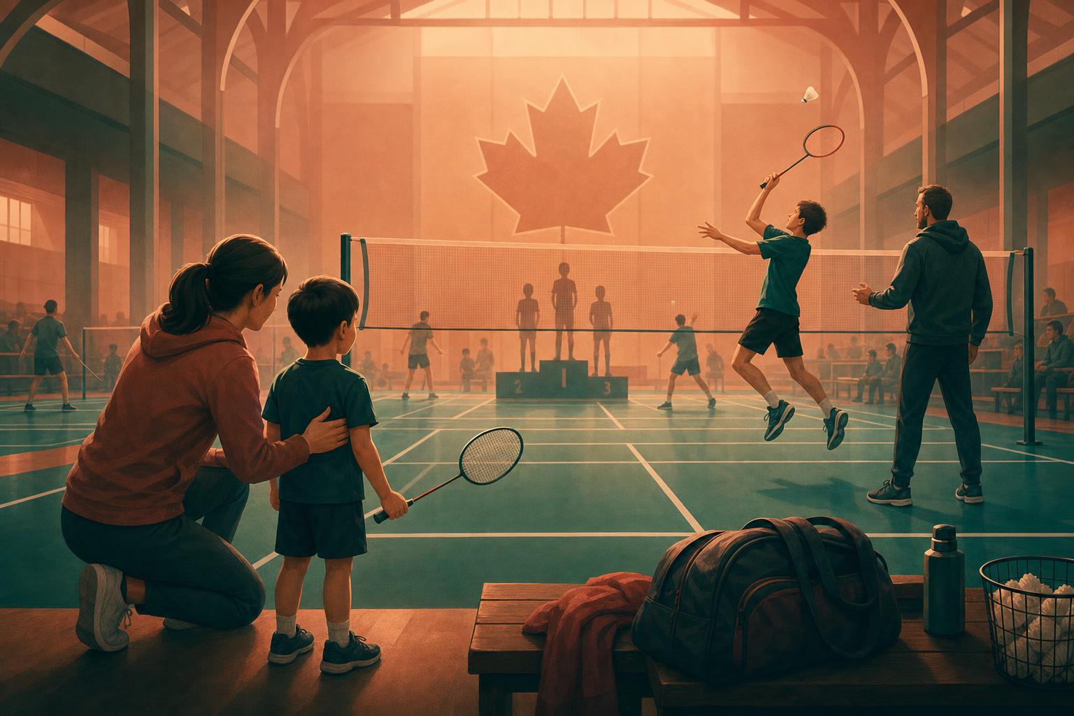 Illustrated Canadian junior badminton pathway from first lessons to tournament competition
