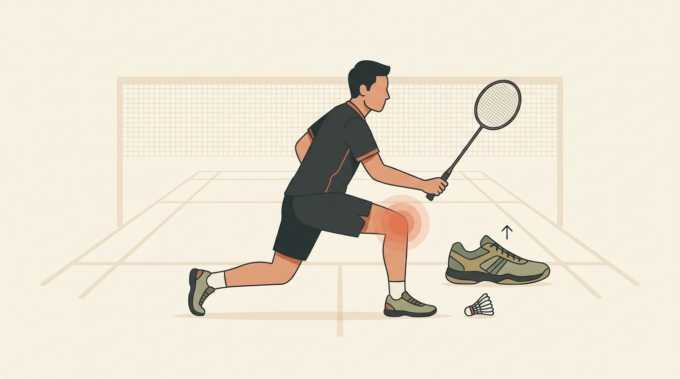 Illustration of a badminton player lunging on an indoor court with subtle knee emphasis