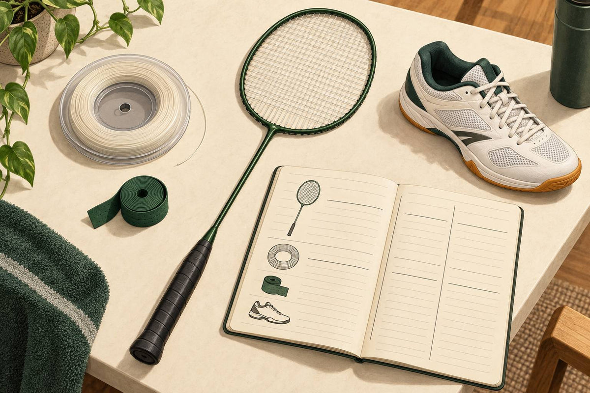 Generic badminton racket, string reel, overgrip, shoe and specification notebook arranged as an editorial illustration.